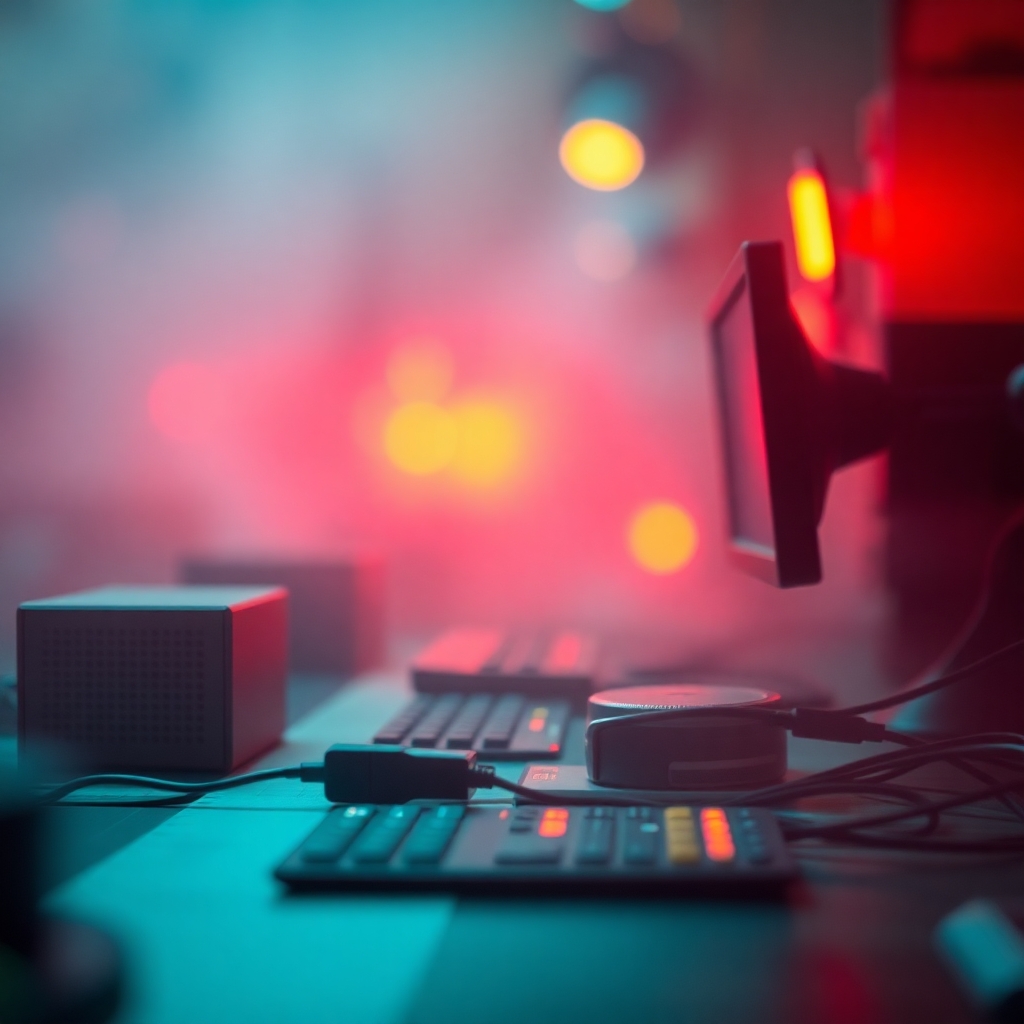 A cinematic scene of technology featuring soft focus a hazy background and warm soft lighting with reds oranges and yellows creating a hazy dreamlike atmosphere