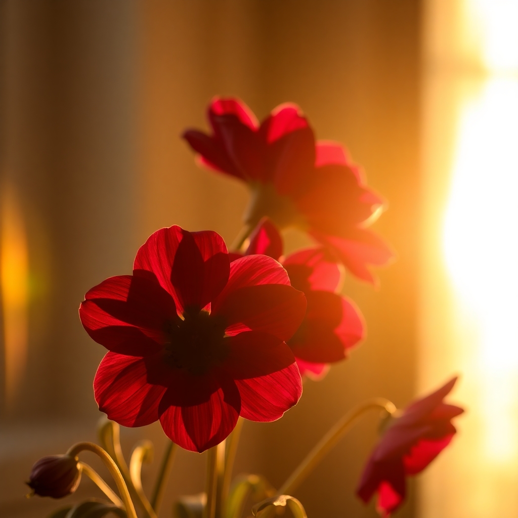 Elegant photograph of flowers bathed in warm golden hour light, featuring rich burgundy and deep blue hues, soft light, and sophisticated aesthetic